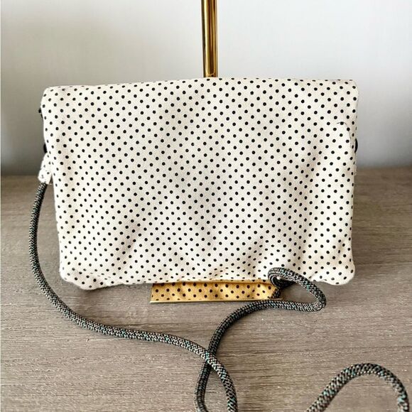 Kavu Fold Over Crossbody Bag in Cream & Black Dot with Green Accent - Picture 2 of 5